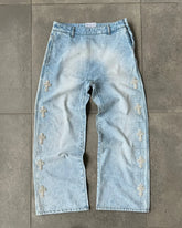 Hearujoy Gothic Y2K Streetwear Jeans Light Blue Wash Holy Denim Pants Men Vintage Cross Rhinestone Embroidery Baggy Jeans Women Pants